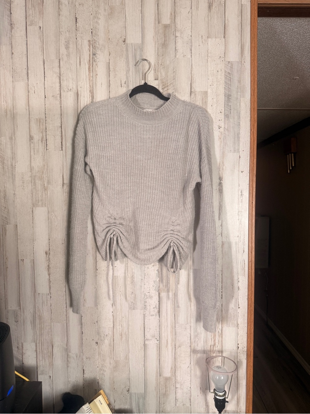 Women's Light Gray Ribbed Drawstring Crewneck Sweater